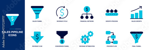 Sales Pipeline Blue Colored Outline Icon Set