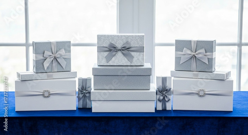 Elegant Blue and Silver Wrapped Presents on a Royal Blue Table, Generative AI