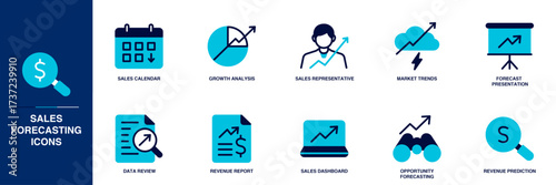Sales Forecasting Blue Colored Outline Icon Set