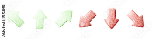 Set of green up arrows and red down arrows with grainy noise blur texture, abstract halftone gradient symbol for stock market, finance, growth, decline, trading, digital infographic design
