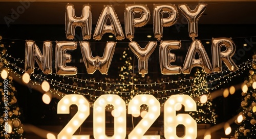 Happy new year 2026 festive glowing lights decorations celebration eve new beginning