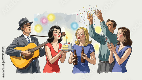 Retro Vector Illustration of Birthday Party with People Guitar Cake and Confetti Festive Celebration in Vintage Style