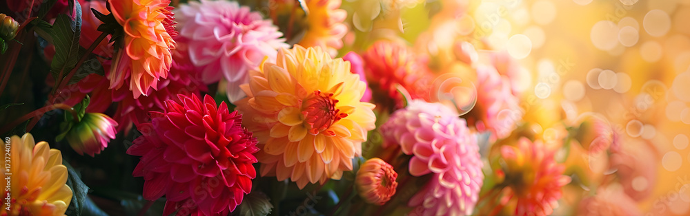 Fototapeta premium Delicate pink and yellow blossoms glowing gently in morning golden light