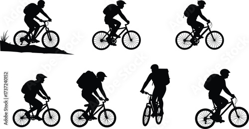 Cyclist silhouette vector illustration showing different bicycle riding postures with helmet and backpack, sports activity design for stock content
