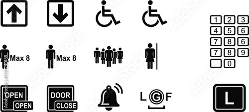 Black Signage Icons Symbols Pictograms Isolated on White Background, Direction and Restriction