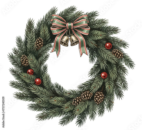 Christmas Wreath Vector Illustration with Pine Branches Ribbon Ornament and Bells Decorative Holiday Design