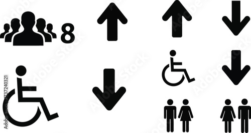 Black Silhouette Icons Arrow Up Down, Disabled Wheelchair, People Group Pictogram Set