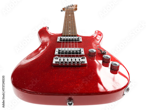 Red glossy electric guitar front view, sharp reflections PNG White Background