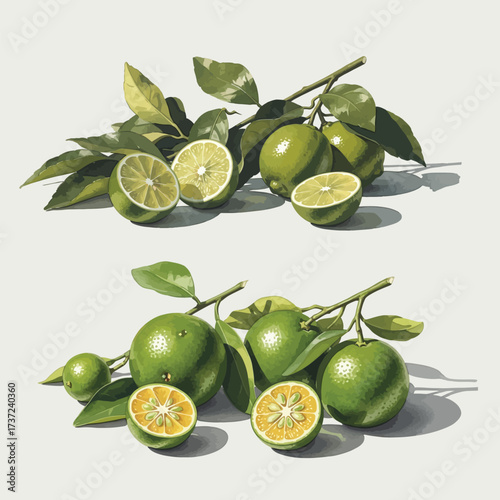 Elegant Botanical Vector Illustration of Green Limes and Leaves in Realistic Style