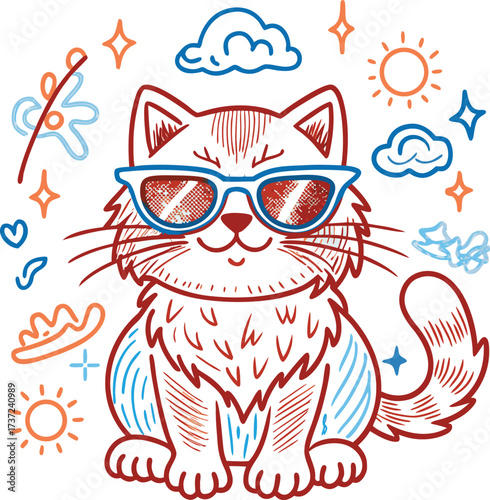 Cool cat wearing sunglasses surrounded by playful summer elements and stars