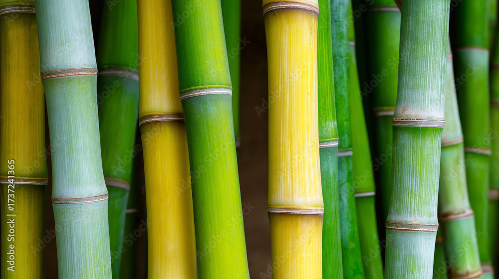 Obraz premium Close-up of bamboo stalks in natural green and yellow tones. 
