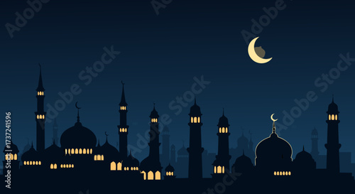 Ramadan Night Sky: Mosque Silhouettes & Crescent Moon