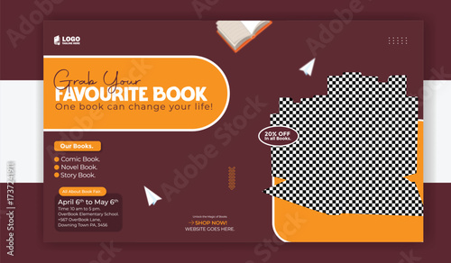 Attractive promotional banner for book store with open book and cup of coffee isolated on white background