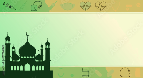 Healthcare & Islam: Mosque with Medical Symbols Background
