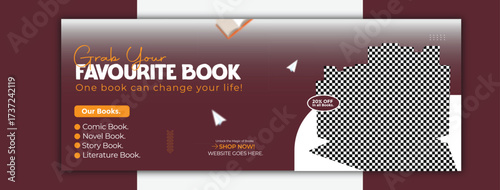 Promotional banner for book store with open book and cup of coffee isolated on white background