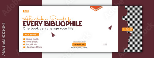Grab your favourite book banner template with books stack and brown background for social media post