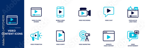 Video Content Blue Colored Outline Icon Set