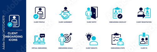 Client Onboarding Blue Colored Outline Icon Set