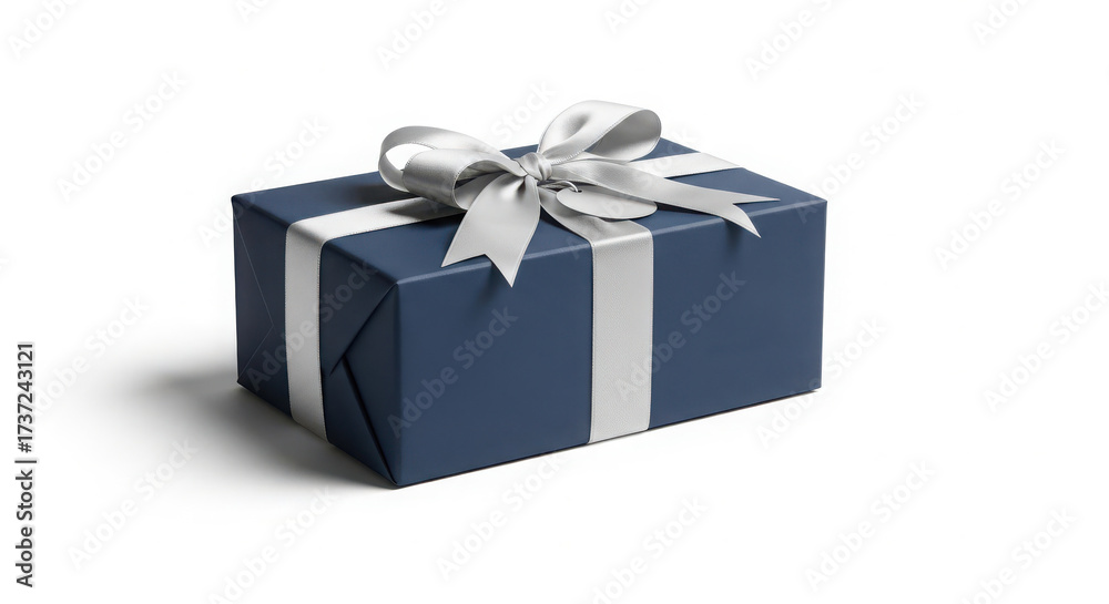 Obraz premium Elegant dark blue gift box tied with silver ribbon and bow