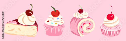 Set of Sweet Dessert Vector Illustration. Pink Cupcakes, Cherry Cake, and Cream Roll Pastries