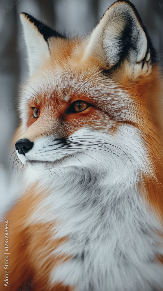Obraz premium Close up portrait of a magnificent red fox with rich fur standing alertly in a snowy winter landscape.