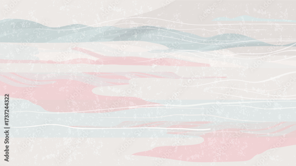 Obraz premium An abstract pastel background with pink, gray, and blue textured shapes and lines reminiscent of painted waves and clouds. Decorative vector illustration.