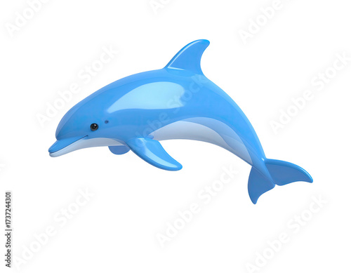 A cartoon dolphin leaps forward with smooth, shaded light blue skin on a black background