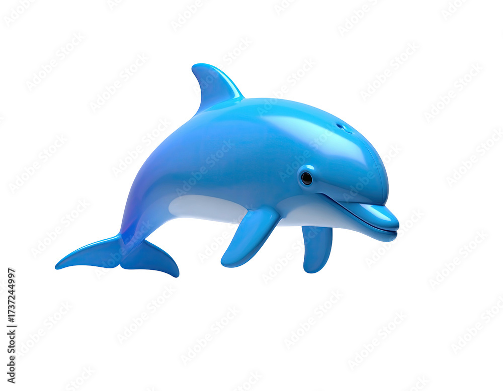 Fototapeta premium A glossy, friendly-looking cartoon dolphin with a blue body, floating against black