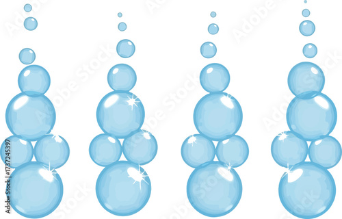 Bubbles Blue Clusters Ascending With Reflections on a Clean White Background