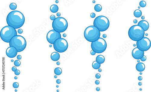 Cartoon Blue Bubbles Ascending Isolated on White, Air Flow, Water Texture, Shiny