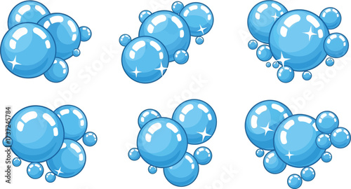 Cartoon Blue Bubbles Group with Highlight and Shadow on Transparent Background