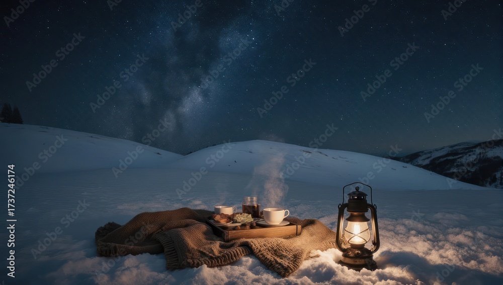 Obraz premium Cozy Winter Night Picnic Under the Stars with Lantern and Warm Drinks.