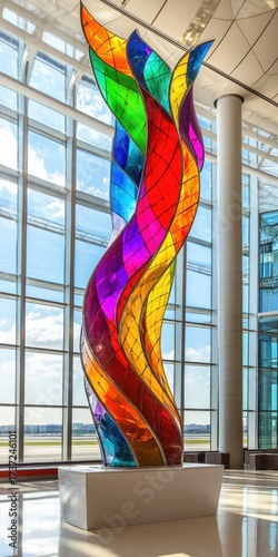 Rainbow-glass sculpture in modern airport lobby