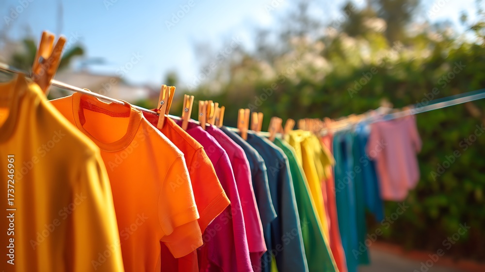 Obraz premium Colorful T Shirts Drying on a Clothesline in Bright Sunlight