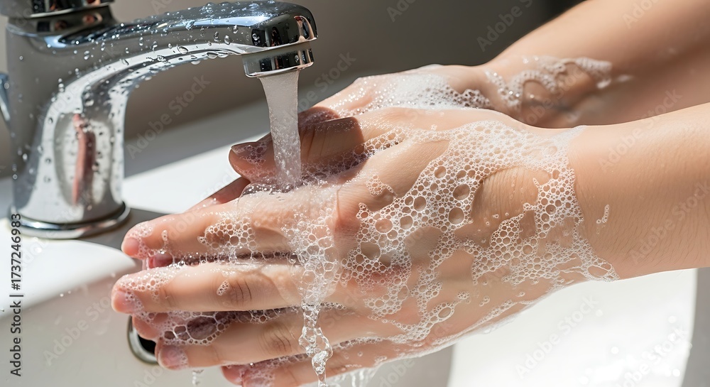 Fototapeta premium Close-up of hands being washed with soap and water in a bathroom sink.