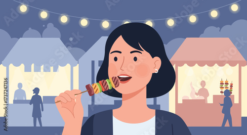 Woman Enjoying a Colorful Kebab at an Outdoor Food Market, perfect for advertising street food festivals, culinary tourism, and promoting local food vendors.