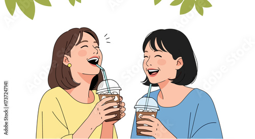 Two Young Women Enjoying Iced Coffee on a Sunny Day, Perfect for Illustrating Friendship, Summer Refreshments, and Casual Social Gatherings.