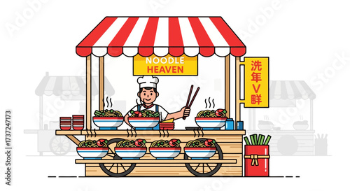Vibrant Noodle Vendor Illustration Showcasing Asian Street Food Culture and Culinary Arts for Food Blogs, Restaurant Menus, and Travel Guides