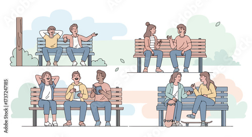 Illustrations depicting casual interactions and relaxed moments among people sitting on park benches, suitable for lifestyle blogs and social media content.