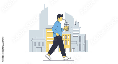 Animated illustration of a man walking in a city while drinking a beverage, ideal for advertising drink products, promoting urban lifestyle, or illustrating healthy habits