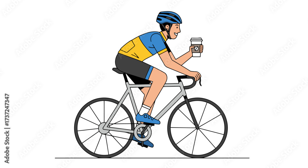 Obraz premium Cyclist enjoying coffee break during outdoor ride, promoting active lifestyle, urban commuting, and sustainable transportation initiatives.