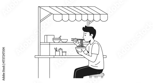 Vector Illustration of a Man Eating Noodles at a Street Food Stall, Depicting Urban Culinary Experiences and Asian Food Culture for Tourism and Food Industry Content