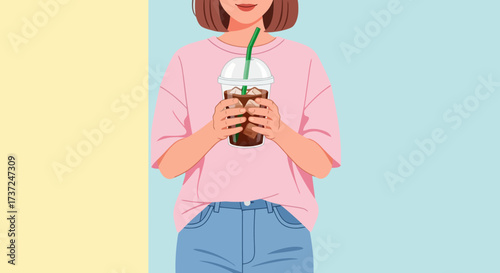 Illustrated depiction of a young woman enjoying a refreshing iced coffee in a casual setting. Suitable for promoting beverages, lifestyle content, or summer-themed graphics.