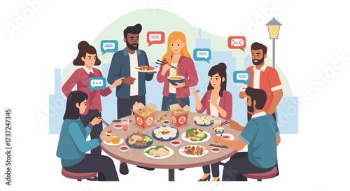 Diverse Group Enjoying Shared Asian Cuisine Outdoors, Promoting Community Dining and Cultural Exchange for Restaurant Marketing and Food Blog Illustrations