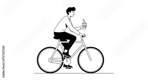 Minimalist illustration of a man cycling with coffee for promoting sustainable commuting, healthy lifestyle choices, and eco-friendly transportation solutions.