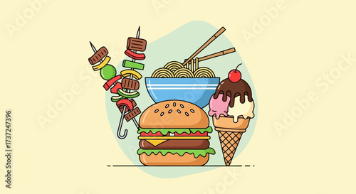 Colorful and Appetizing Cartoon Food Illustration Depicting a Variety of Delicious Meals and Treats, Perfect for Restaurant Menus and Food Blogs.