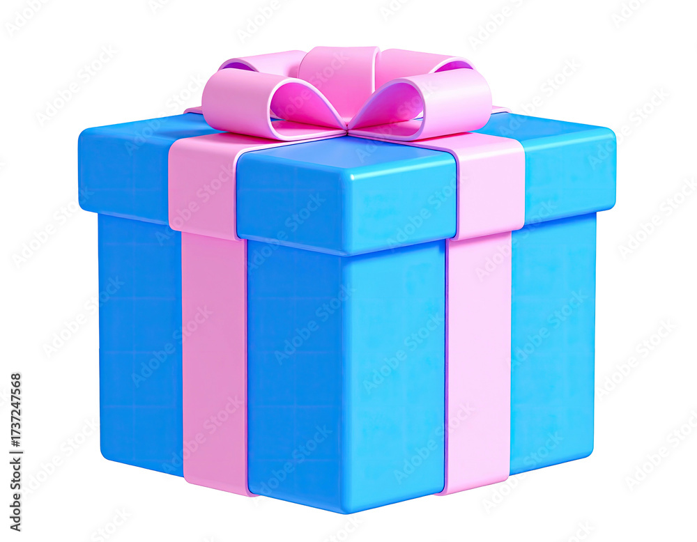 Obraz premium Bright blue present box with a pink ribbon, perfect for gifts