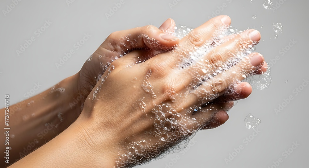 Fototapeta premium Hands being washed with soap and water, hygiene.