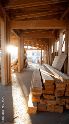 Interior of house under construction with visible wooden framing. 
