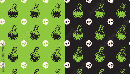 witch potion bottle and skull doodle motif pattern on green black background set for halloween merchandise. magic alchemy flask and skull isolated seamless pattern background. vector illustration